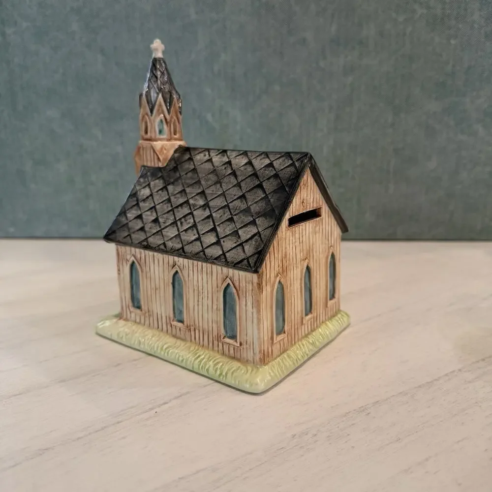 Vtg Porcelain Ceramic Little Brown Gothic Church Music Box Bank Roman EUC VIDEO‎